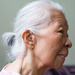 a woman wearing hearing aids shows her ear
